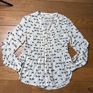 Maeve Equestrian Horse Print Blouse Pintuck SZ 10 V Neck Western Rodeo Ranch